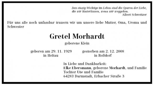 Klein Gretel 1929-2009Todesanzeige